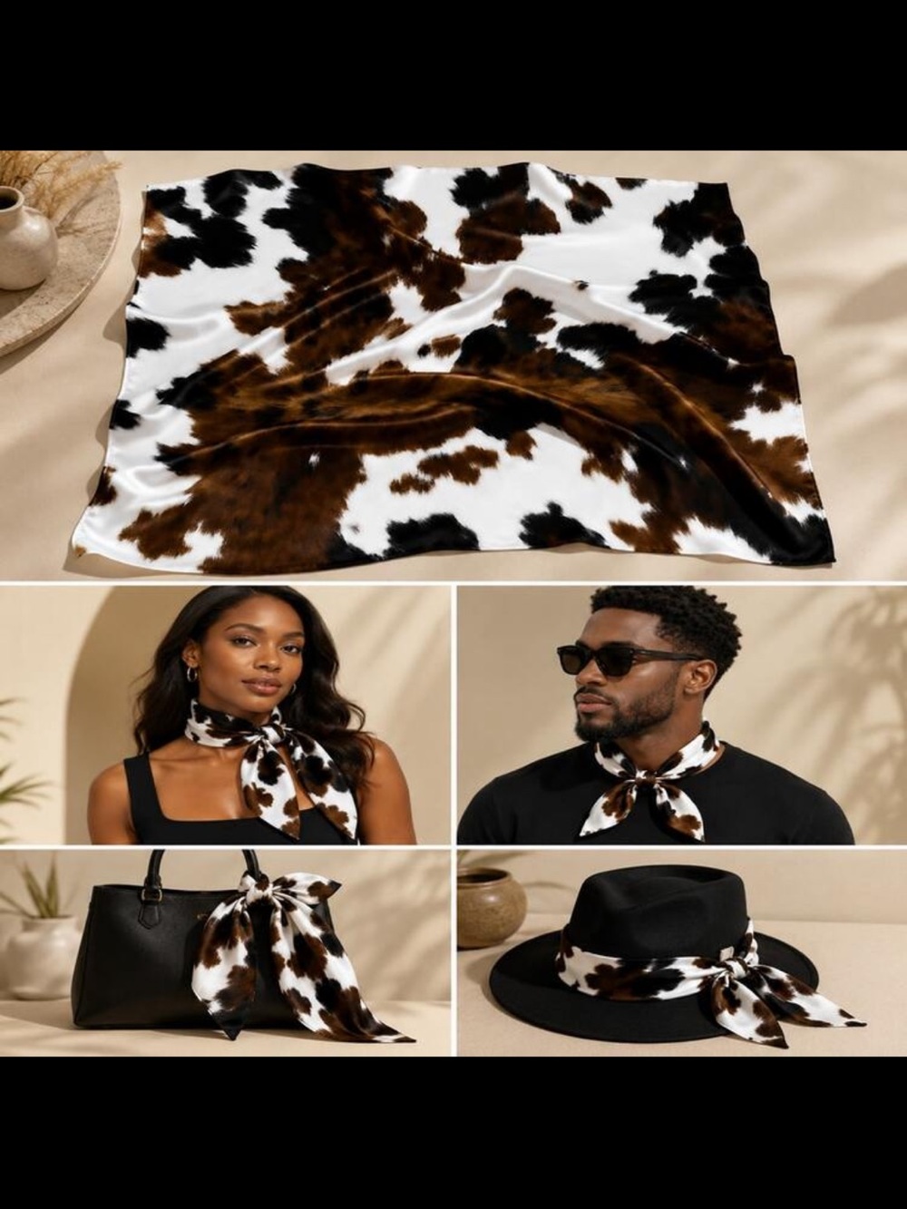 Cow Print Satin Scarf - Brown & White Fashion Accessory